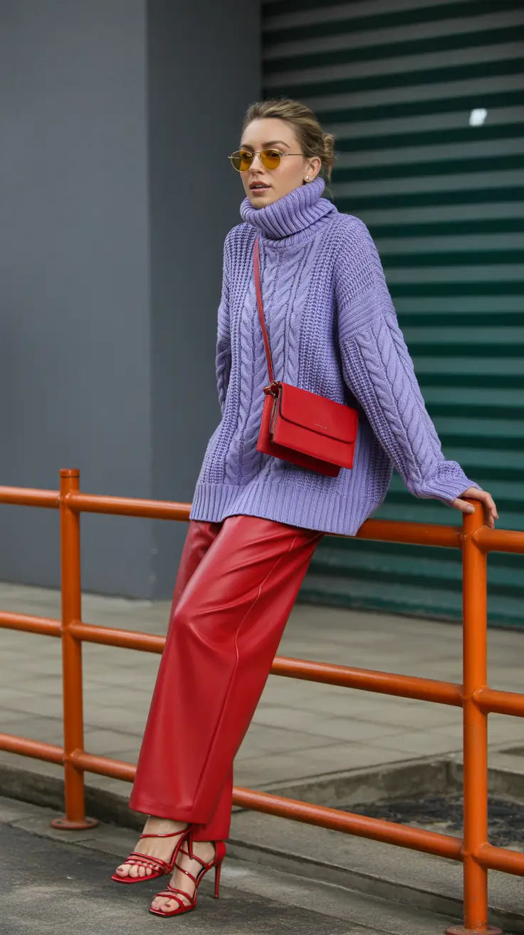 fashion outfits inspo for women 2026 Lavender Cable Knit And Red Leather