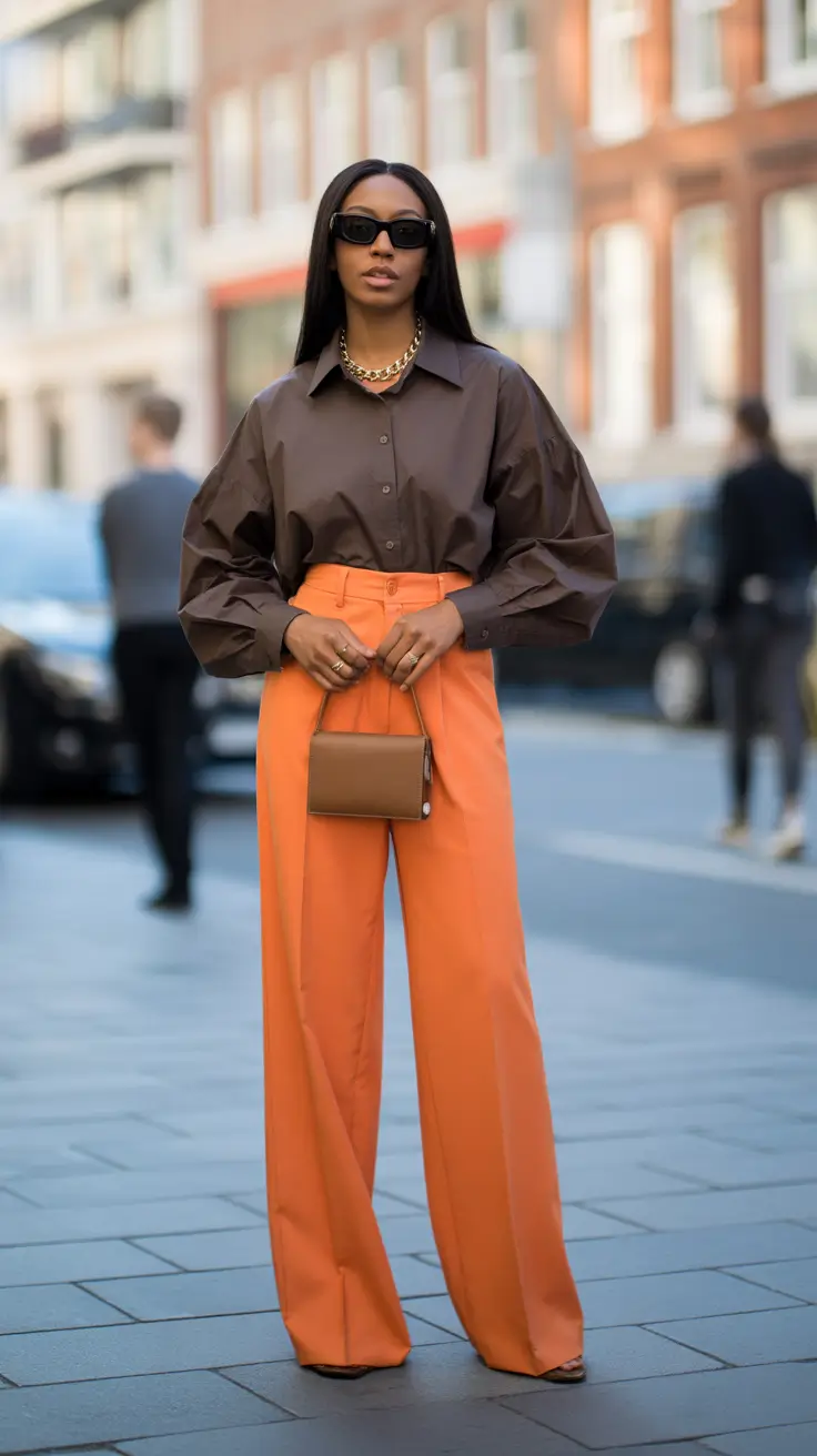 fashion outfits inspo for women 2026 Orange Tailoring And Chocolate Volume Sleeves