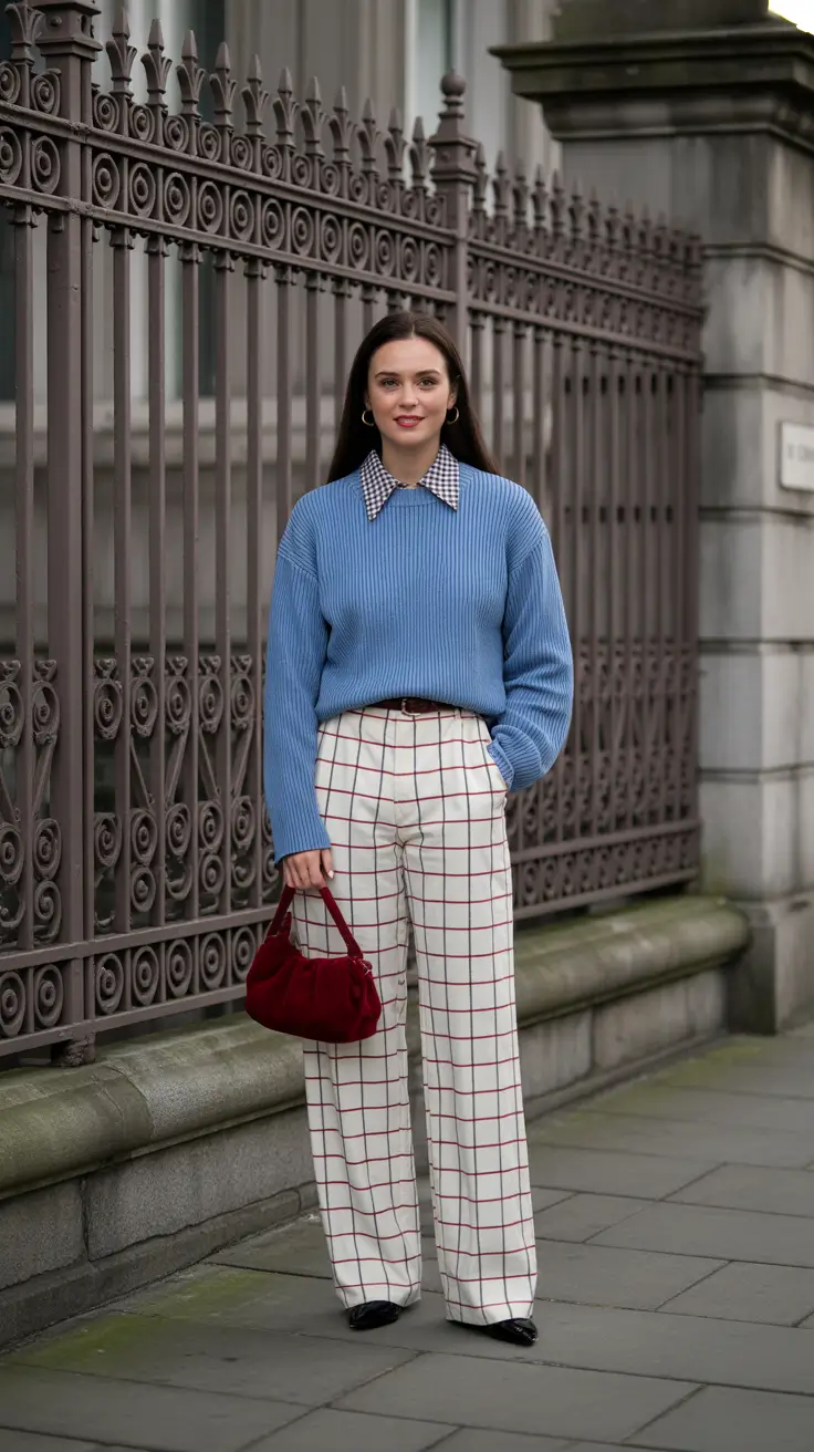 fashion outfits inspo for women 2026 Sky-Blue Knit And Windowpane Trousers For Everyday Polish