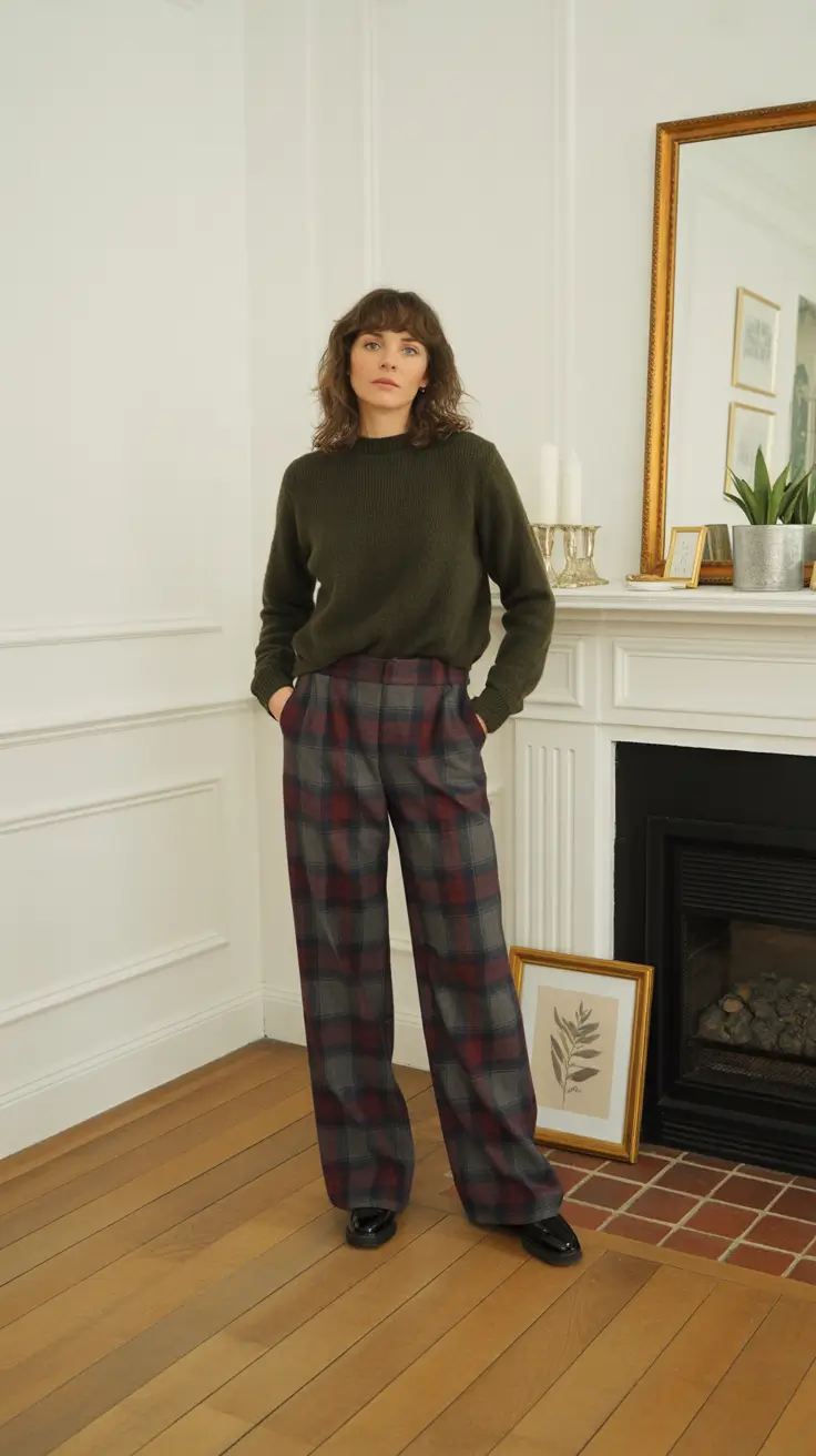 fashion outfits inspo for women 2026 Plaid Trousers And Forest Knit For Smart Comfort