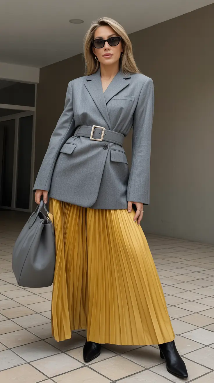 fashion outfits inspo for women 2026 Structured Blazer And Sunlit Pleats