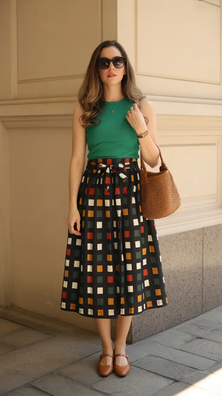 fashion outfits inspo for women 2026 Graphic Skirt And Green Tank For City Strolls