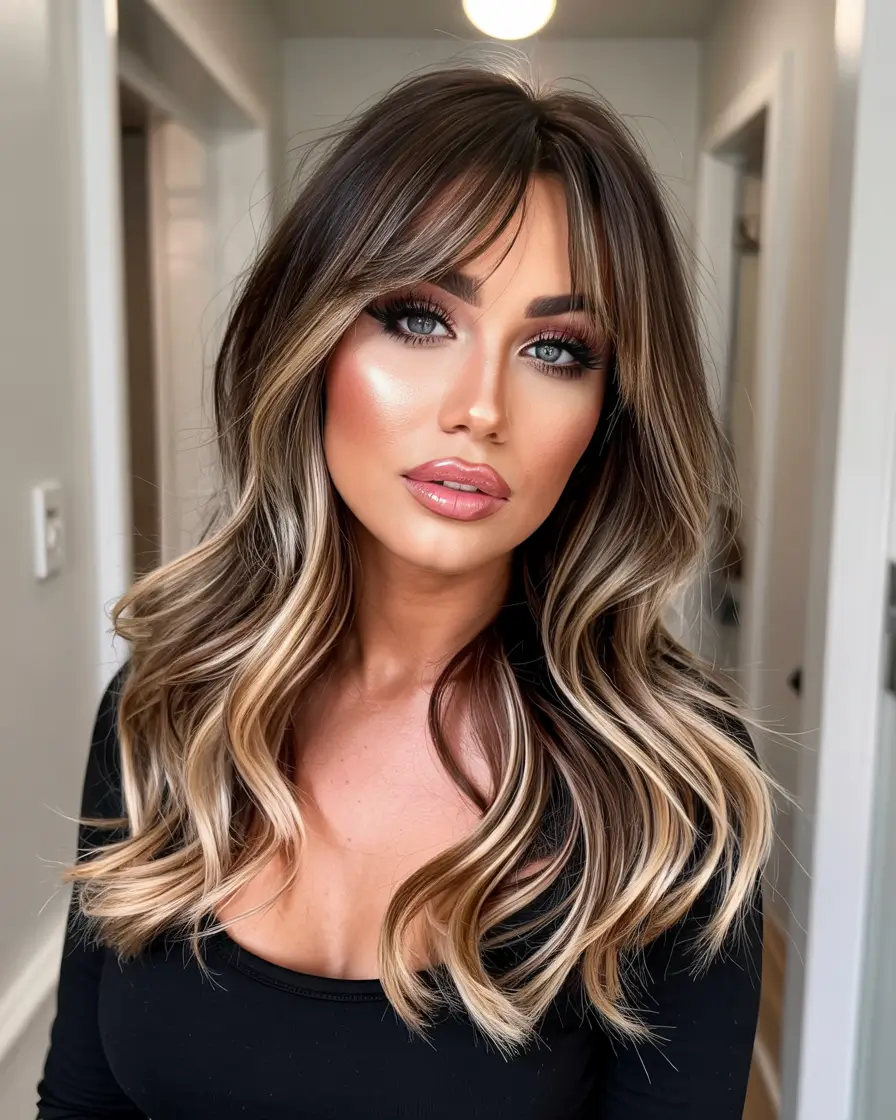 Fresh hair color ideas 2026 – Honey-Contour Balayage with Soft Curtain Fringe