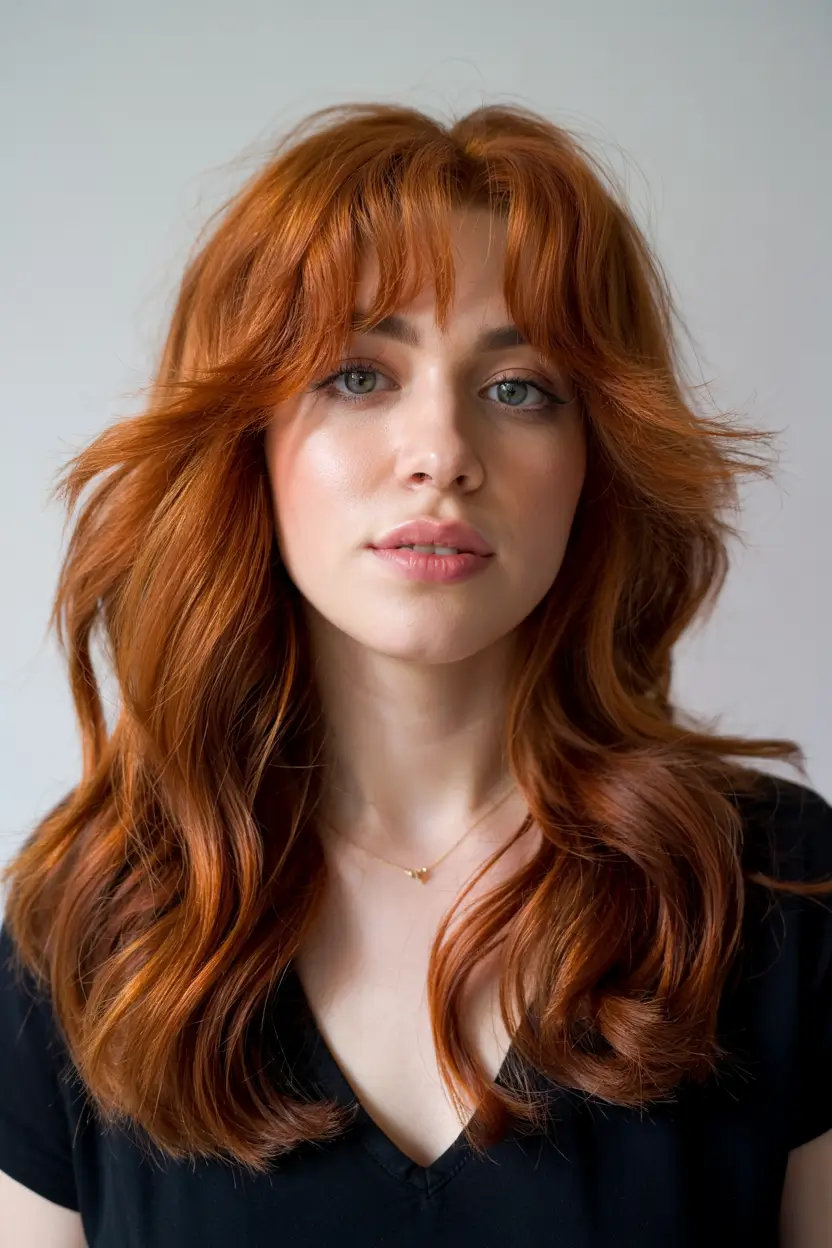 Fresh hair color ideas 2026 – Warm Ginger Layers with Curtain Fringe