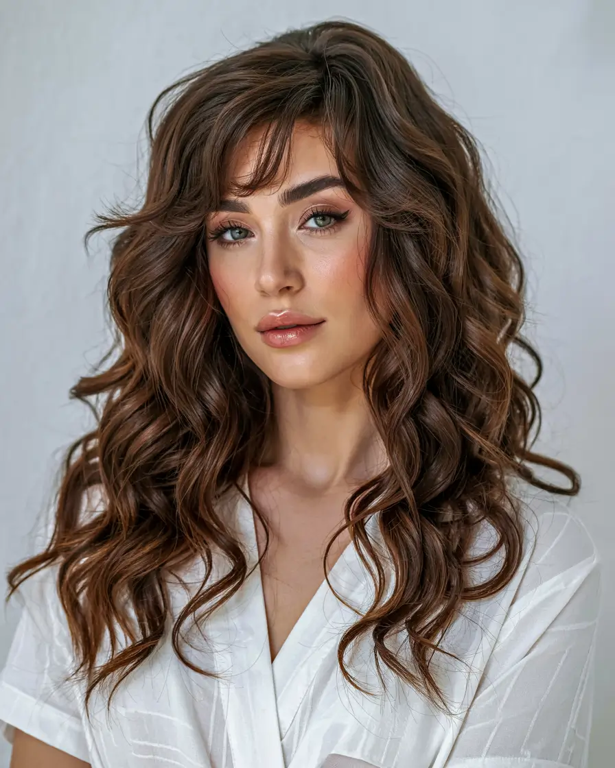 Fresh hair color ideas 2026 – Chocolate Curl Flow with Soft Fringe