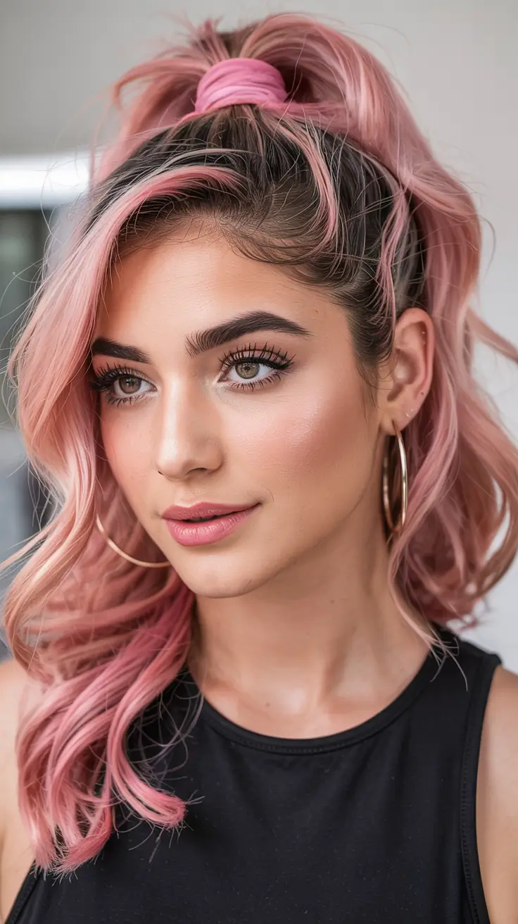 Fresh hair color ideas 2026 – Rosy High Pony with Soft Waves