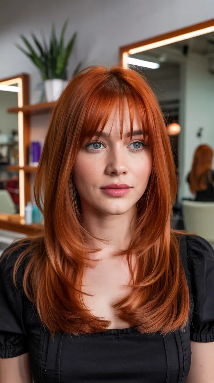 Fresh hair color ideas 2026 – Classic Copper Layers with Polished Fringe