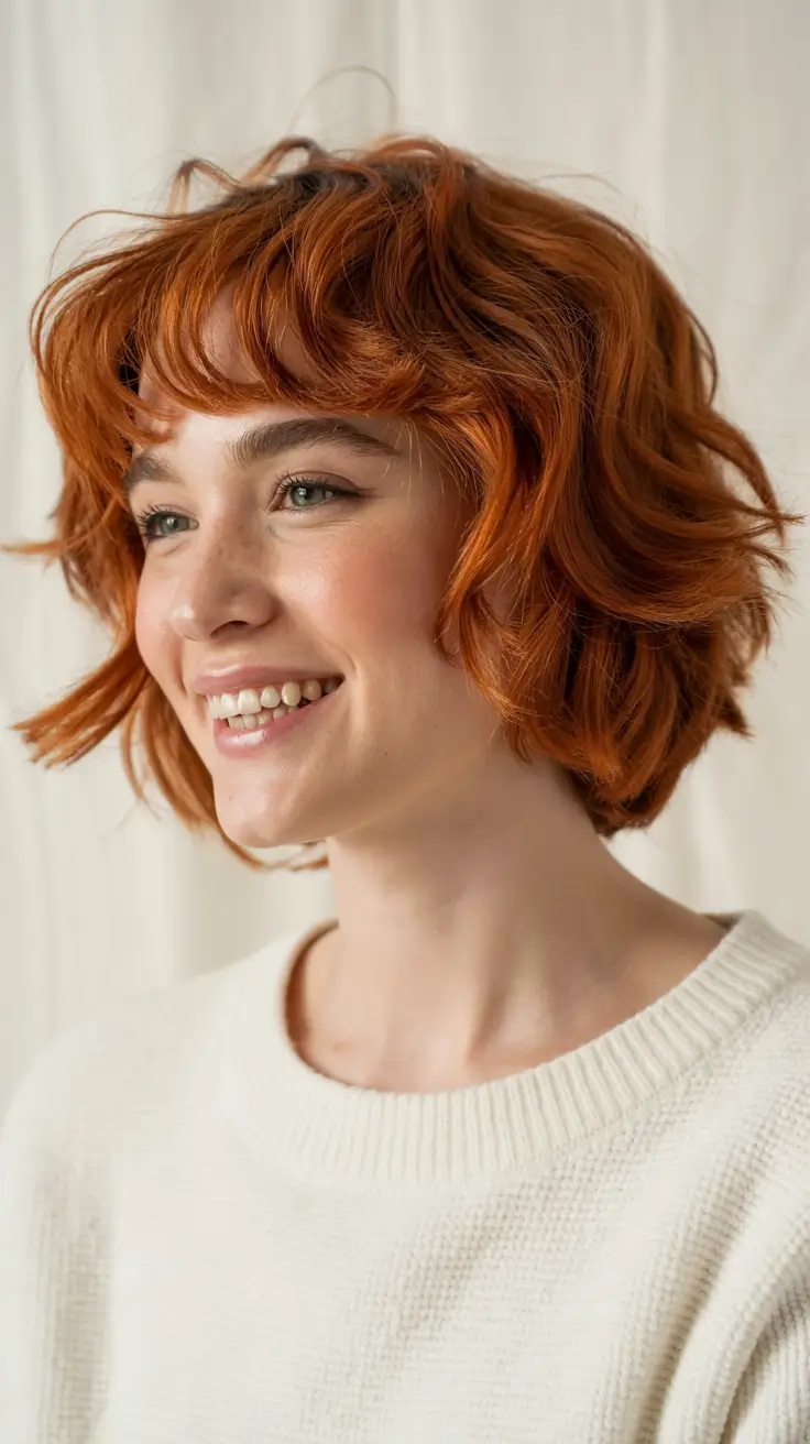 Fresh hair color ideas 2026 – Playful Copper Bob with Airy Fringe