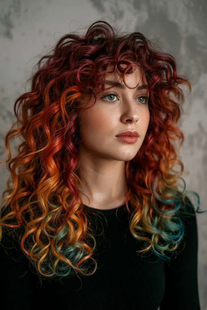 Fresh hair color ideas 2026 – Rainbow Flame Curls with Ocean Tips
