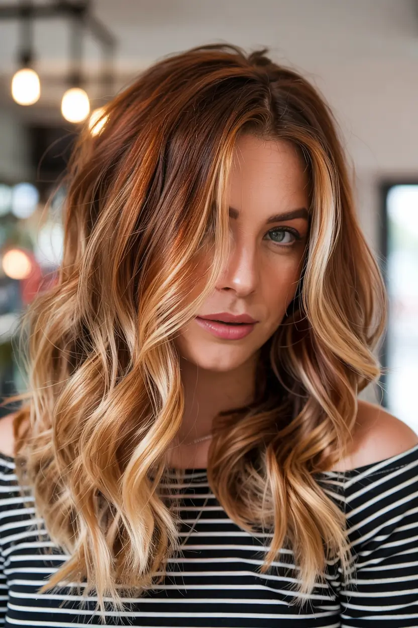 Fresh hair color ideas 2026 – Caramel Bronde Waves for Soft Autumn Glow