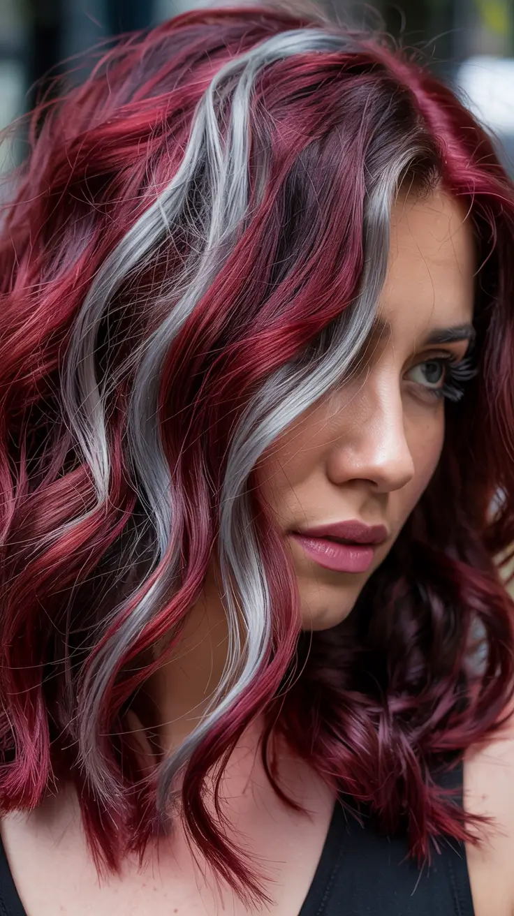 Fresh hair color ideas 2026 – Silver-Striped Cherry Cola Waves