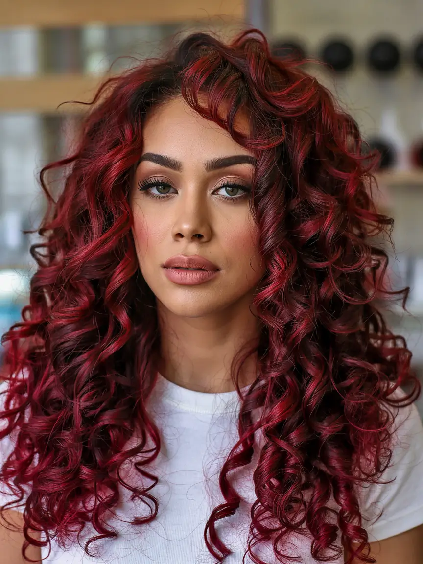 Fresh hair color ideas 2026 – Crimson Ringlets with Major Volume