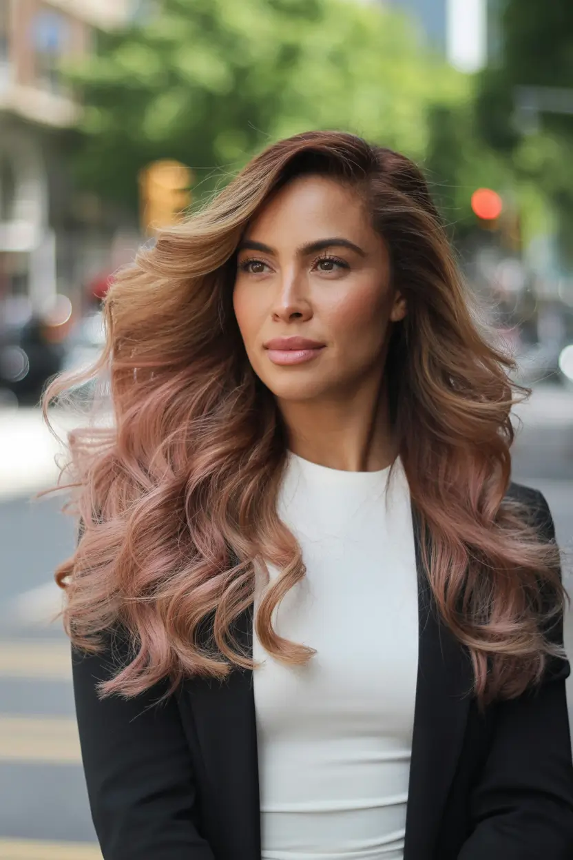 Hair color ideas to look younger 2026 - Rosewood Brunette with City Light Dimension