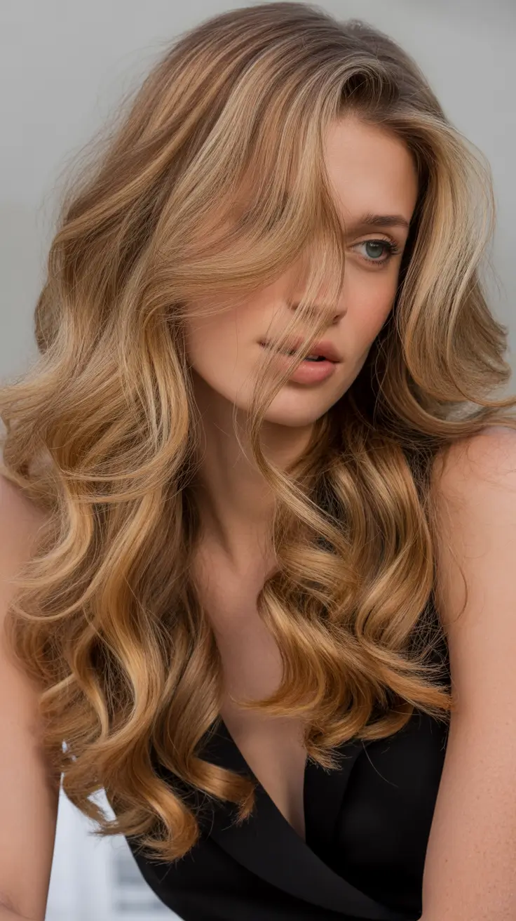 honey blonde hair color trends 2026 - Airy honey waves with undone fringe sweep