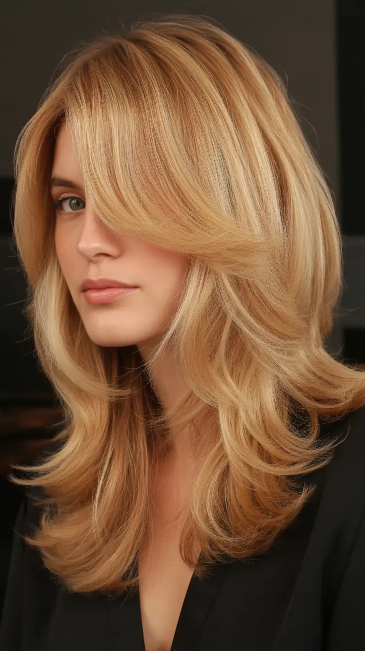 honey blonde hair color trends 2026 - Full-bodied feathered golden honey