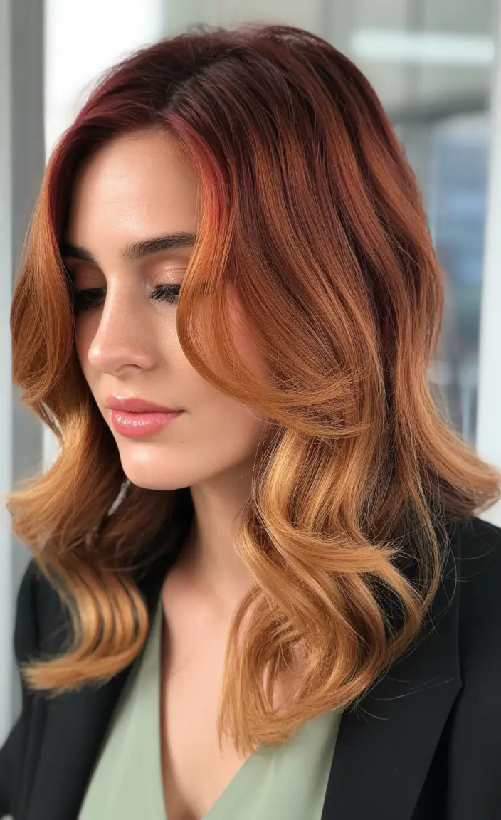 honey blonde hair color trends 2026 - Coppery red and honey blonde melt