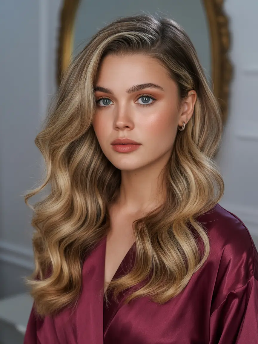 honey blonde hair color trends 2026 - Side swept Hollywood honey waves
