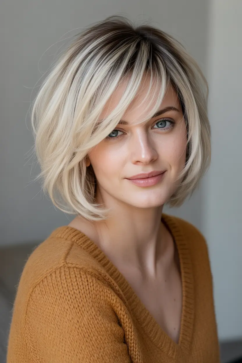 honey blonde hair color trends 2026 - Chin-length creamy honey bob with airy bangs