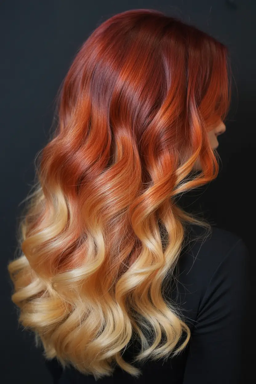 honey blonde hair color trends 2026 - Molten ombré honey and fire-gold waves