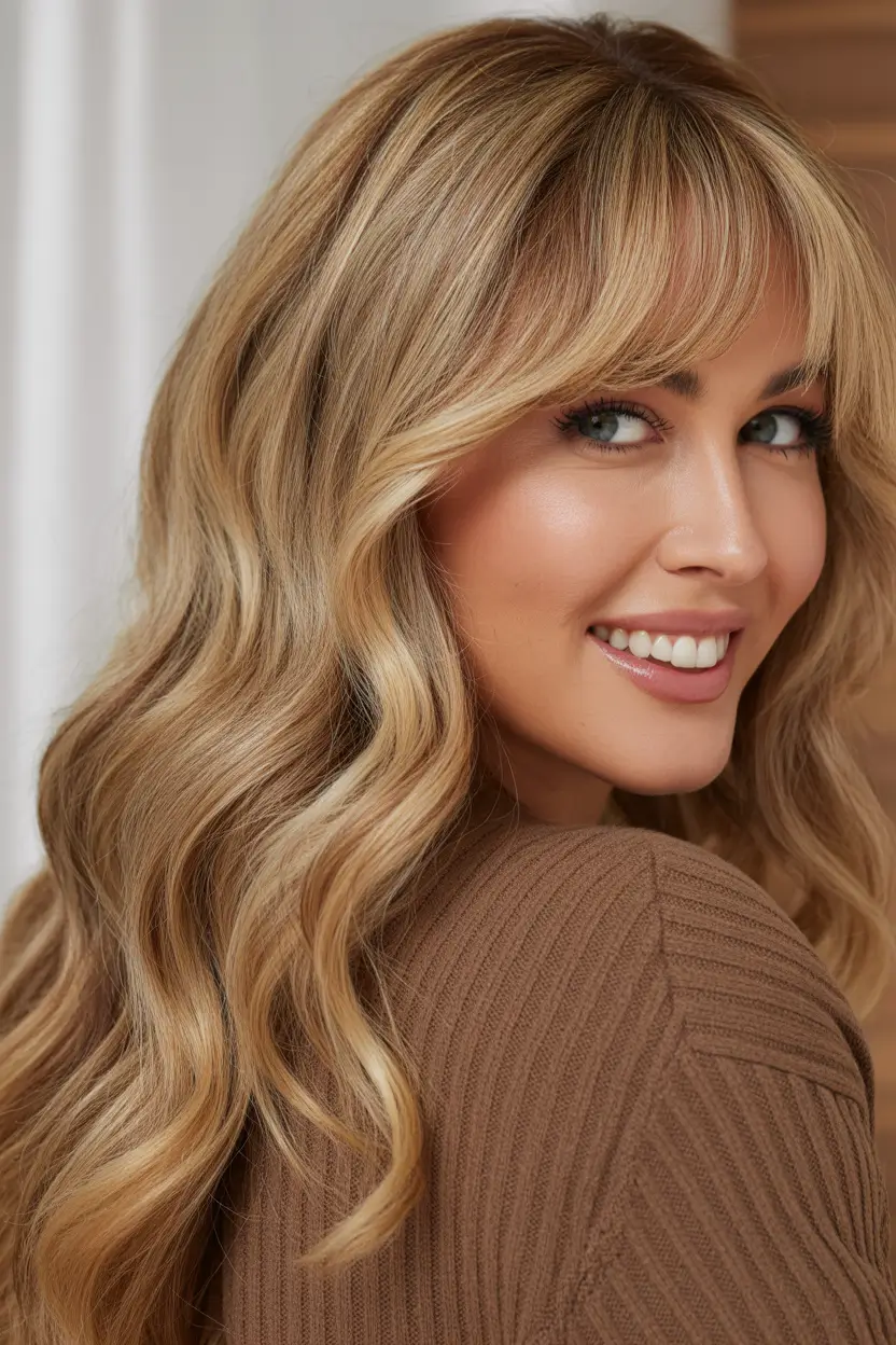 honey blonde hair color trends 2026 - Honey blonde waves with soft curtain fringe