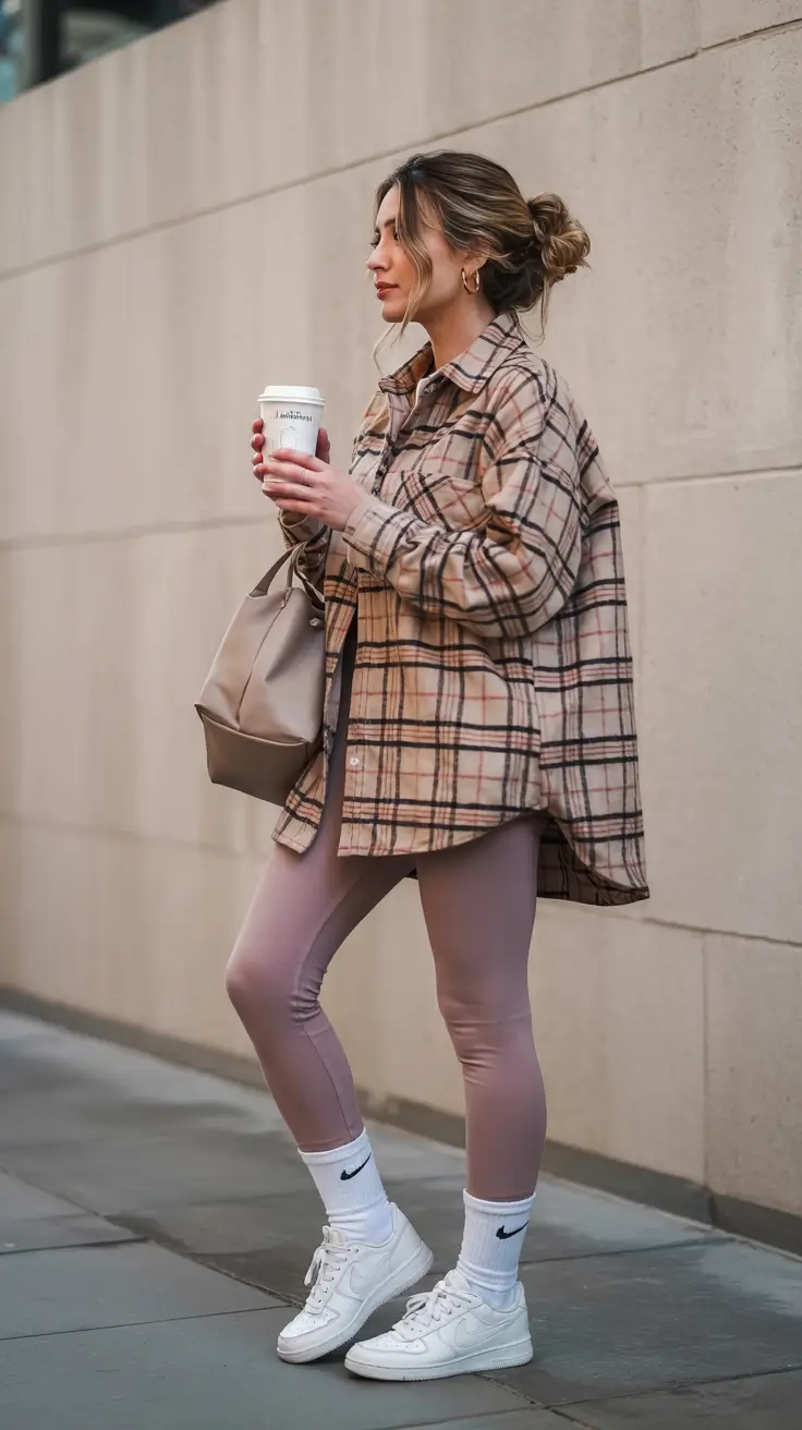 legging outfits fall - Plaid Shacket And Warm Neutrals For Coffee Runs