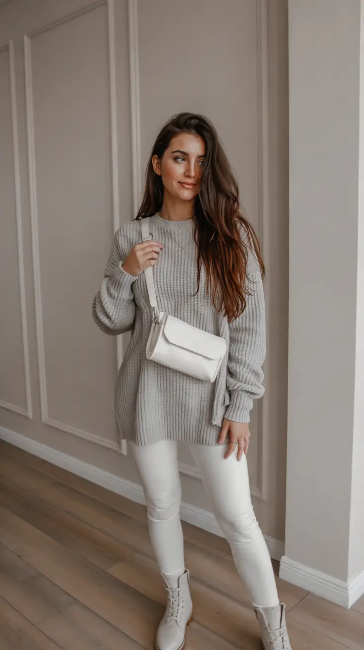 legging outfits fall - Soft Grey Knit And White Leggings For Cozy Days