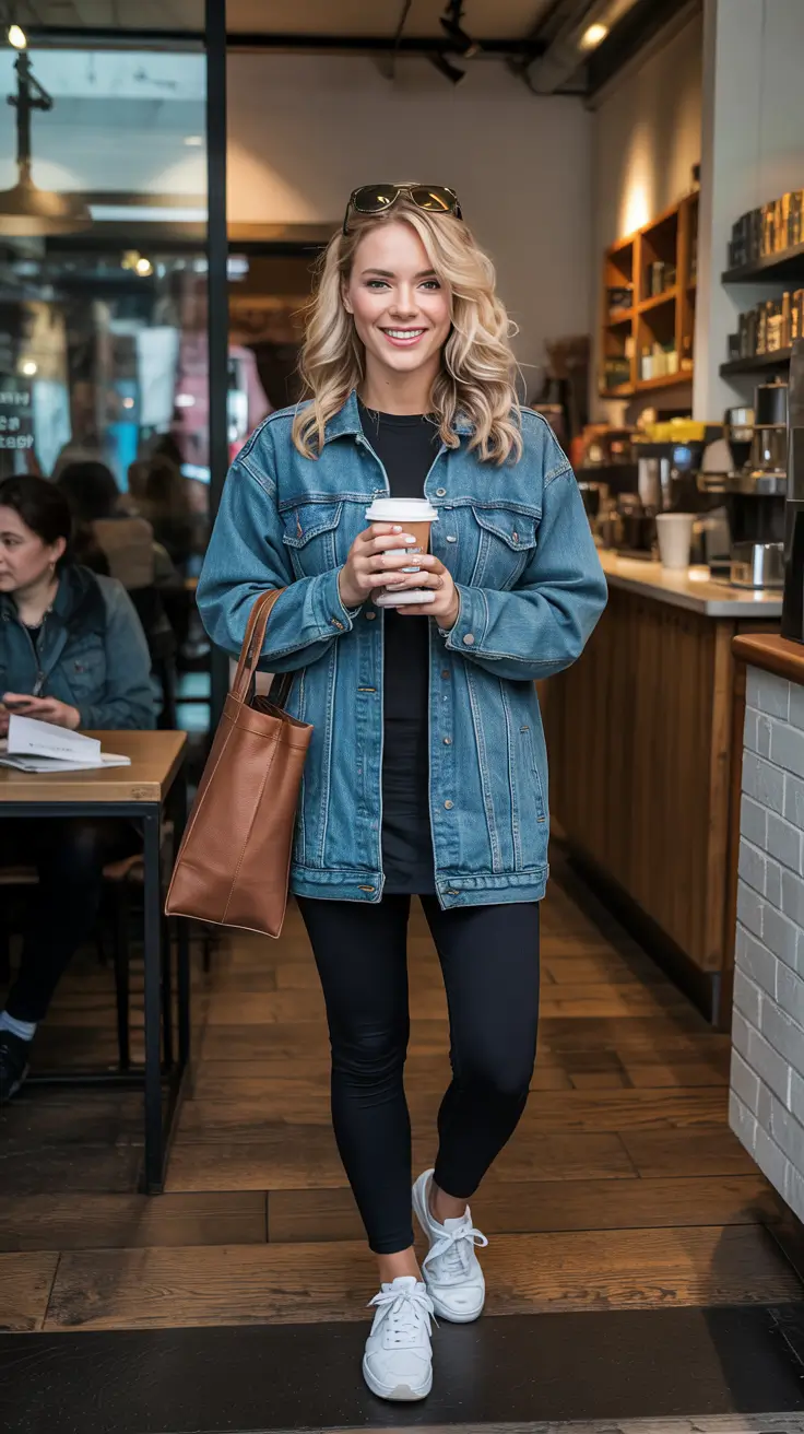 legging outfits fall - Denim Jacket And Black Leggings For Coffee Shop Days