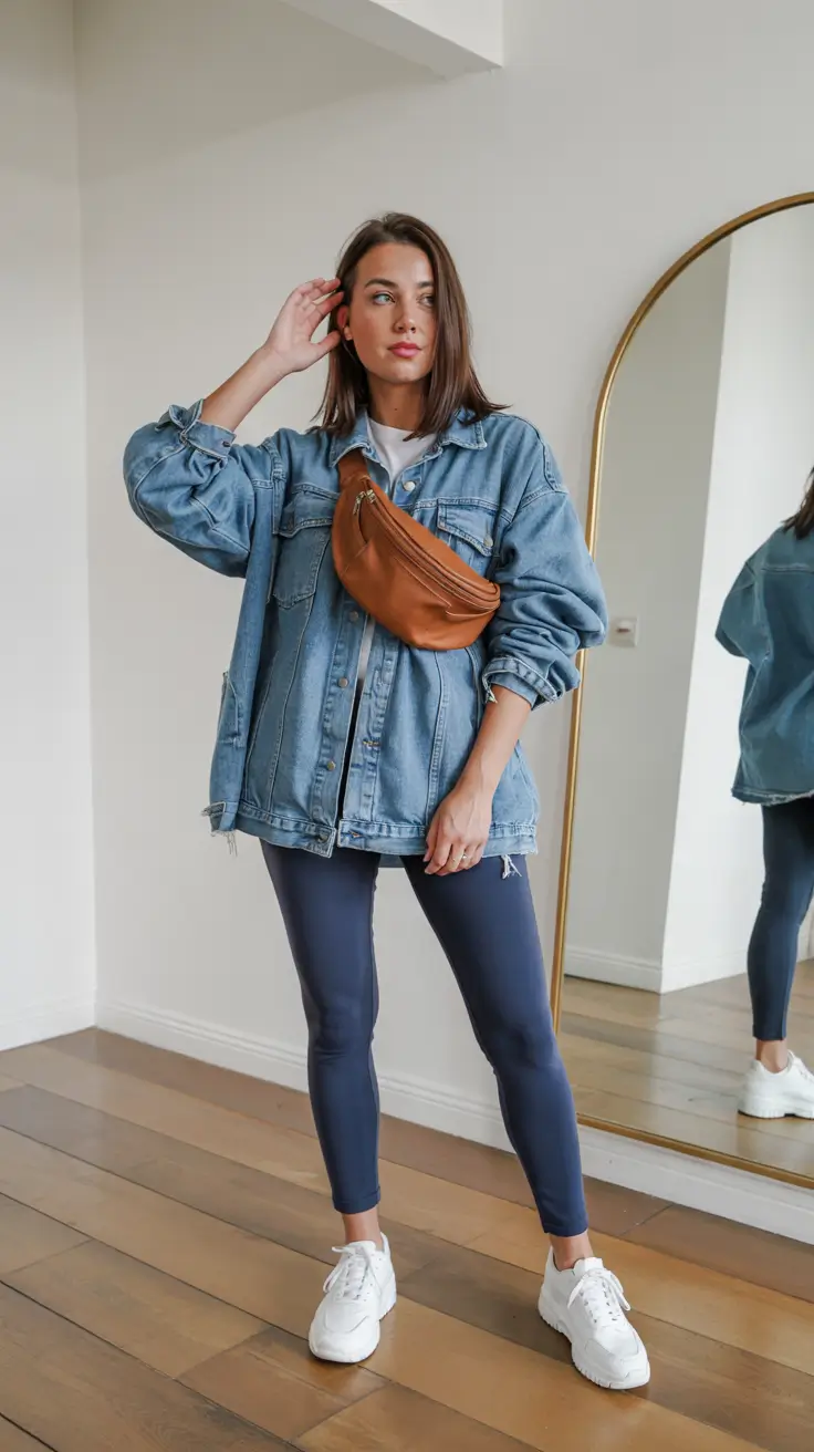 legging outfits fall - Blue Leggings And Denim For Everyday City Chores