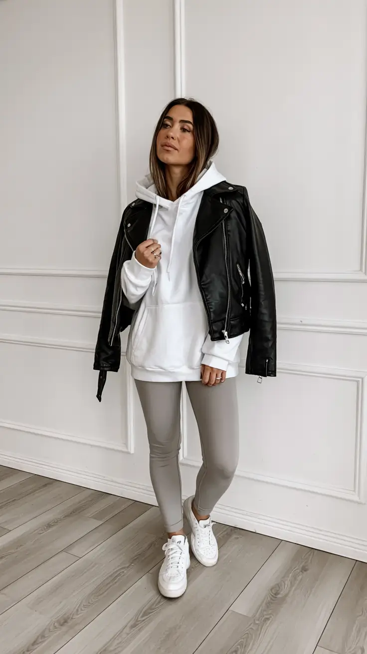 legging outfits fall - Hoodie And Leather Jacket For Cool-Girl Off-Duty