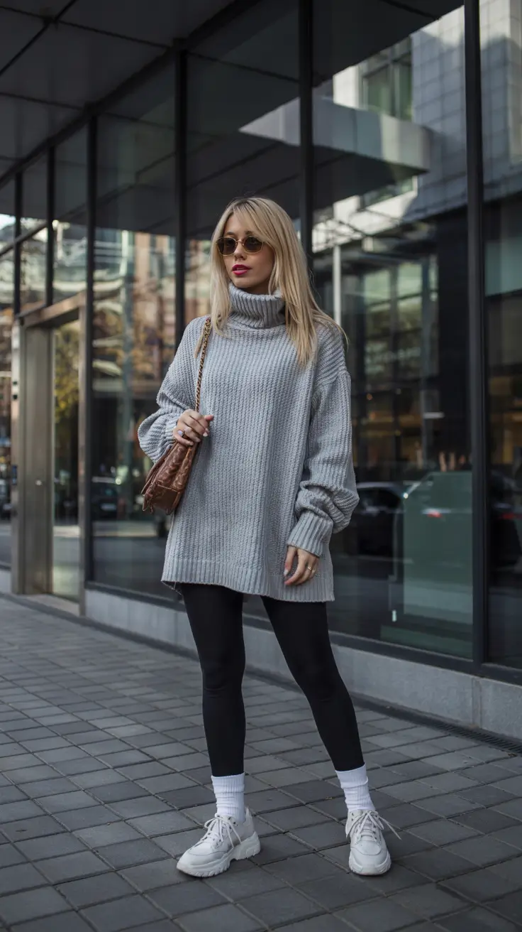 legging outfits fall - Oversized Grey Knit And Black Leggings For City Days