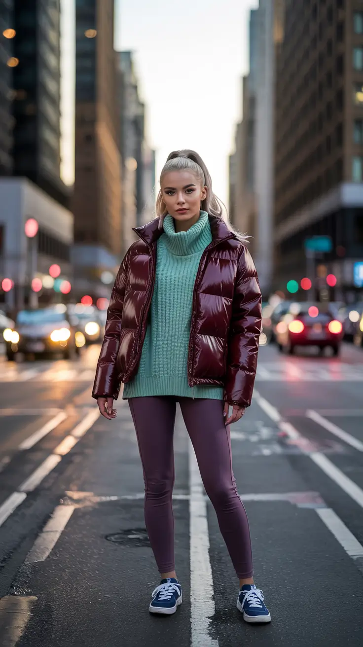 legging outfits fall - Plum Leggings And Glossy Puffer For Cold Commutes