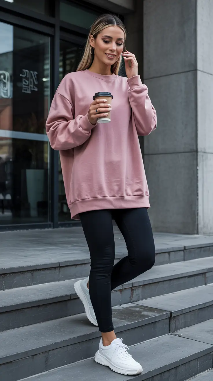 legging outfits fall - Pink Sweatshirt And Black Leggings For Easy Errands