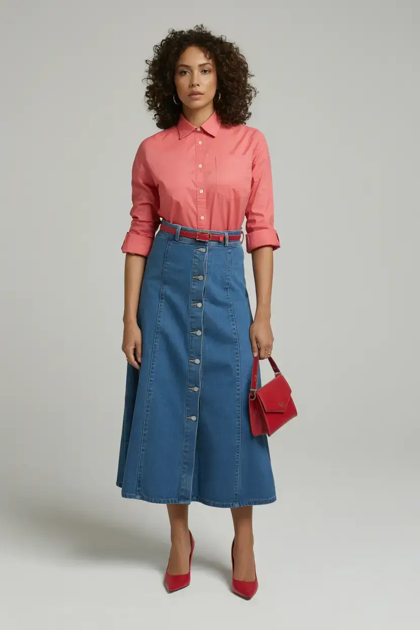 Modern outfits for women ideas 2026 - Denim midi and coral confidence