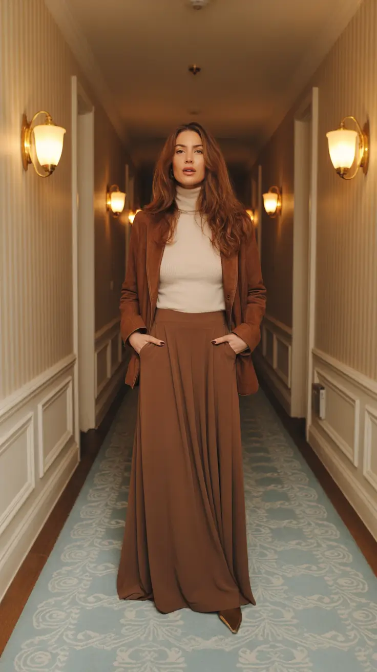 Modern outfits for women ideas 2026 - Cinnamon maxi and hotel corridor glam