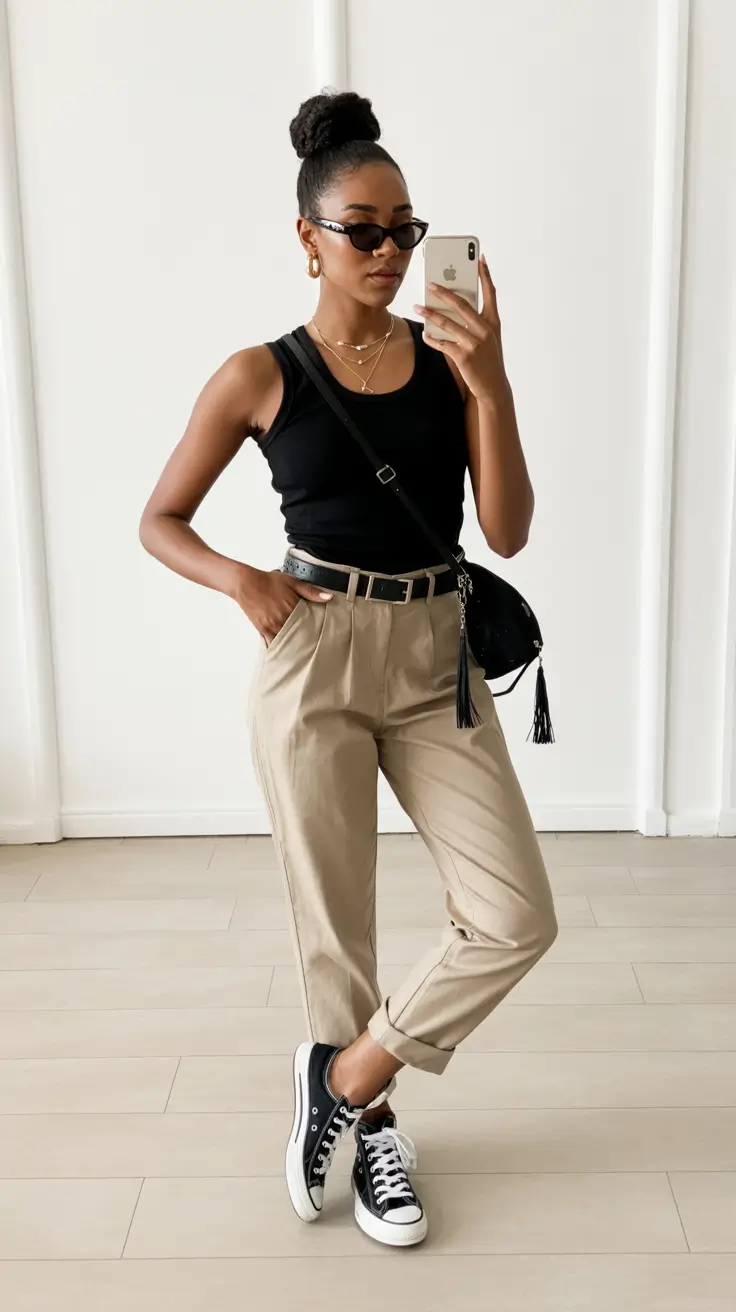 Modern outfits for women ideas 2026 - Tank trousers and sneakers minimalism