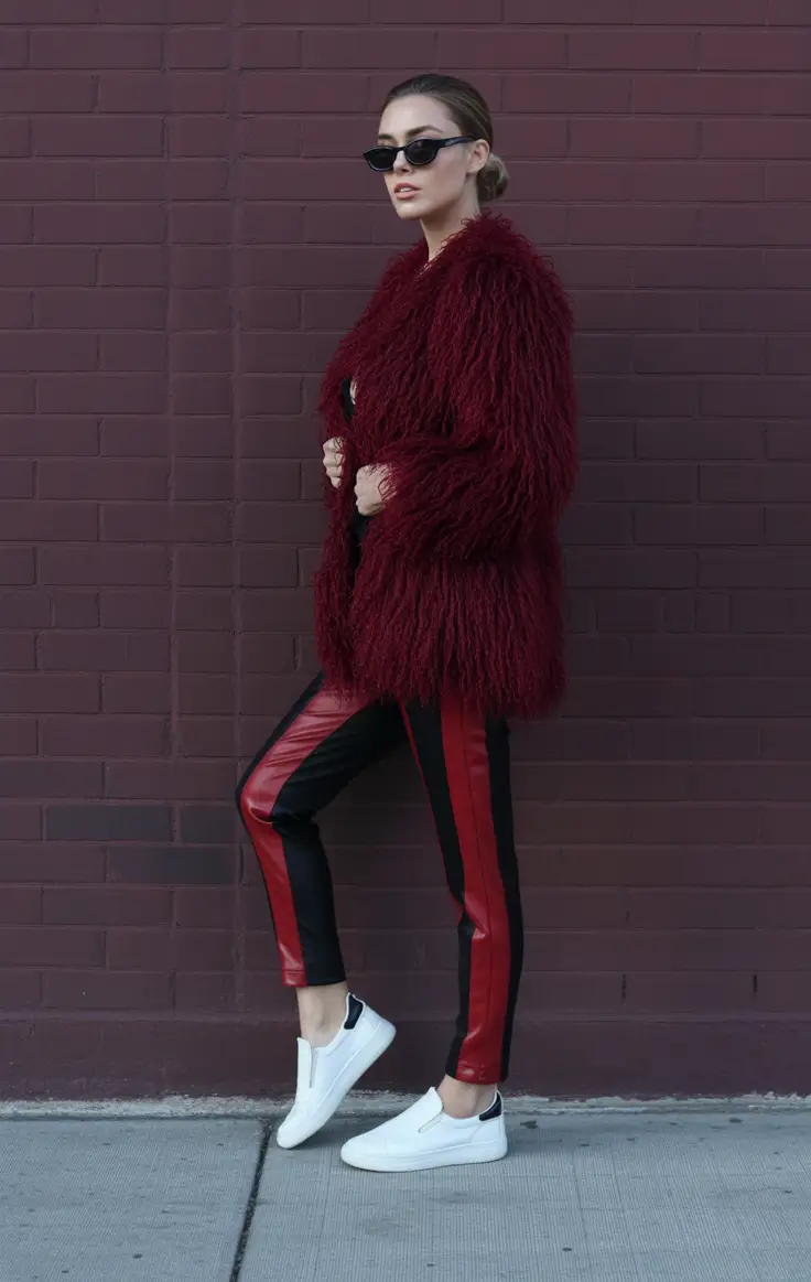 Modern outfits for women ideas 2026 - Burgundy faux fur and sporty leather