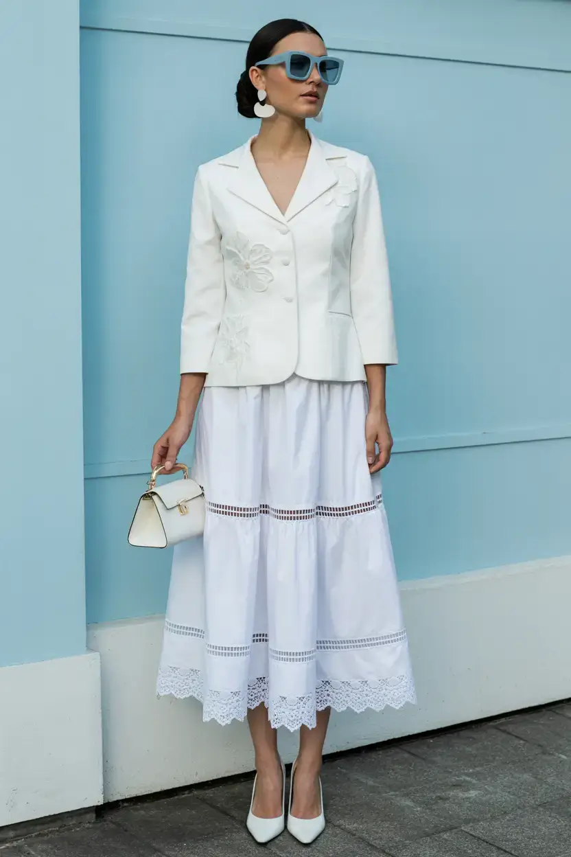 Modern outfits for women ideas 2026 - White suiting with retro romance