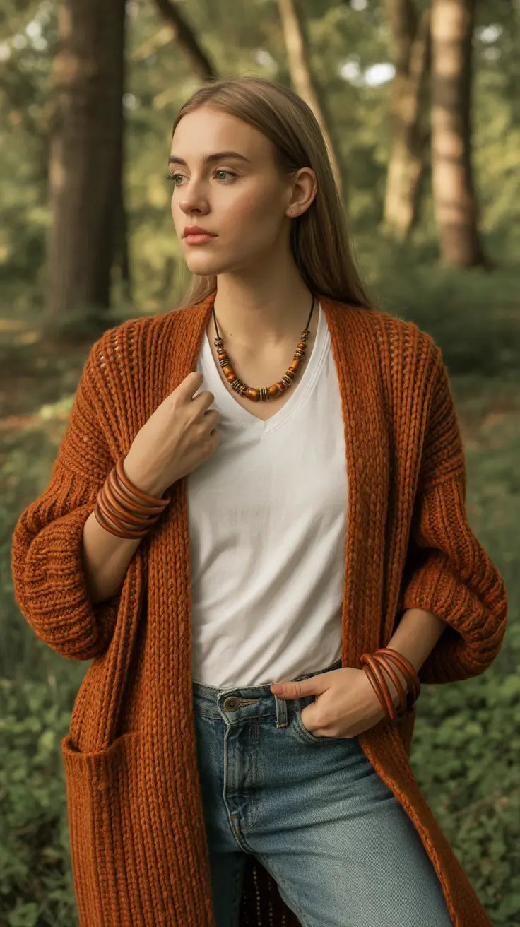 Modern outfits for women ideas 2026 - Rust cardigan and forest walk denim