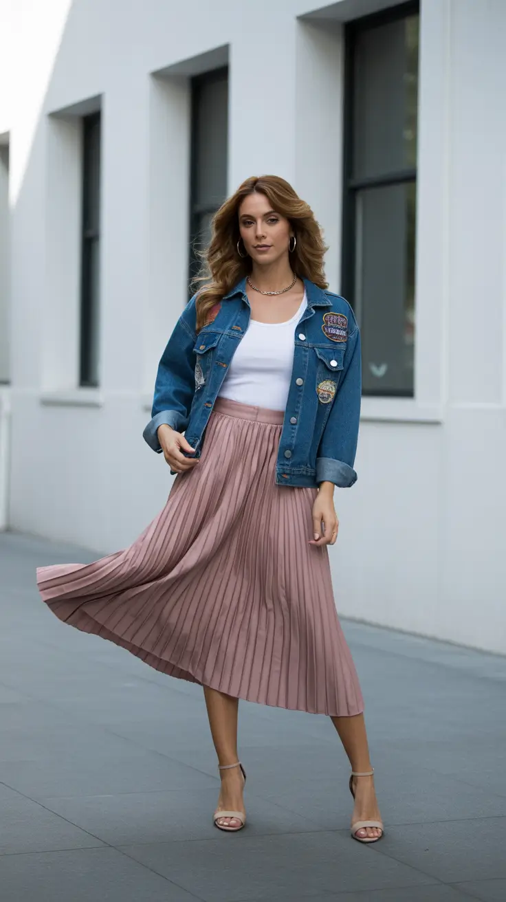 Modern outfits for women ideas 2026 - Soft pleats and denim attitude