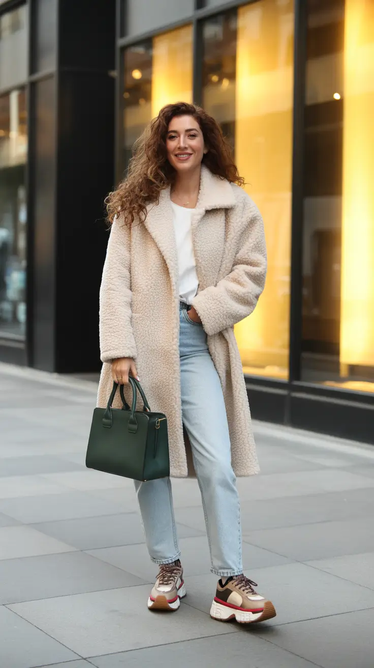 Modern outfits for women ideas 2026 - Cozy shearling and light denim