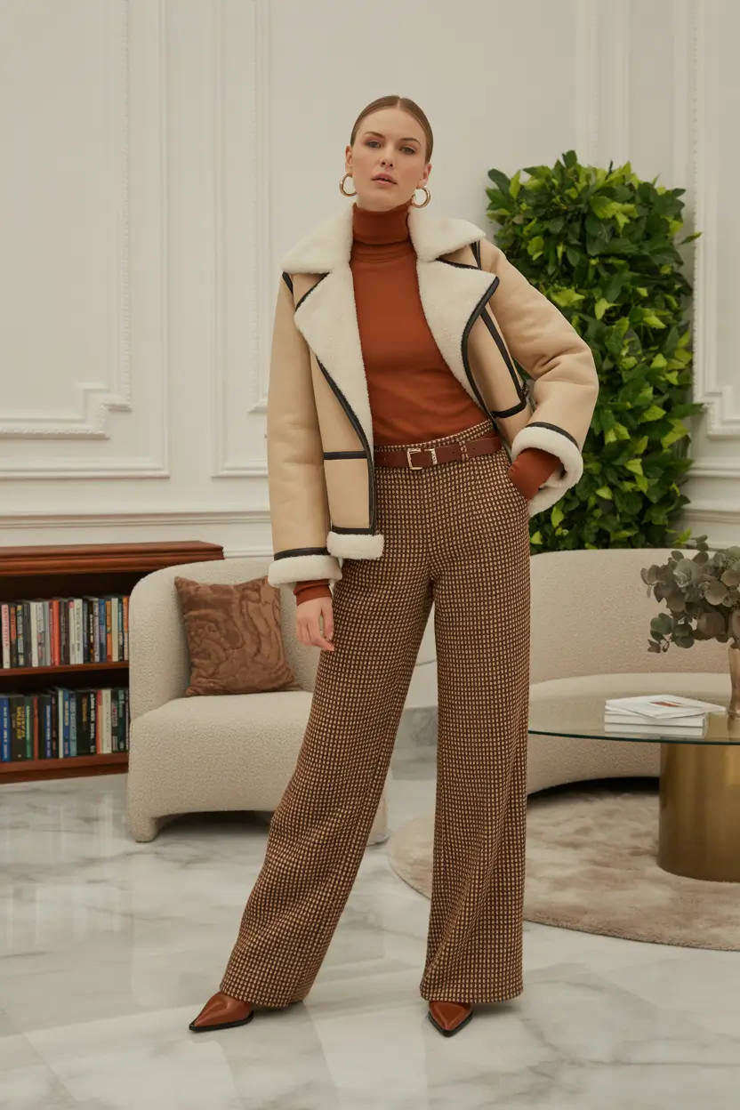 Modern outfits for women ideas 2026 - Warm tones and shearling structure
