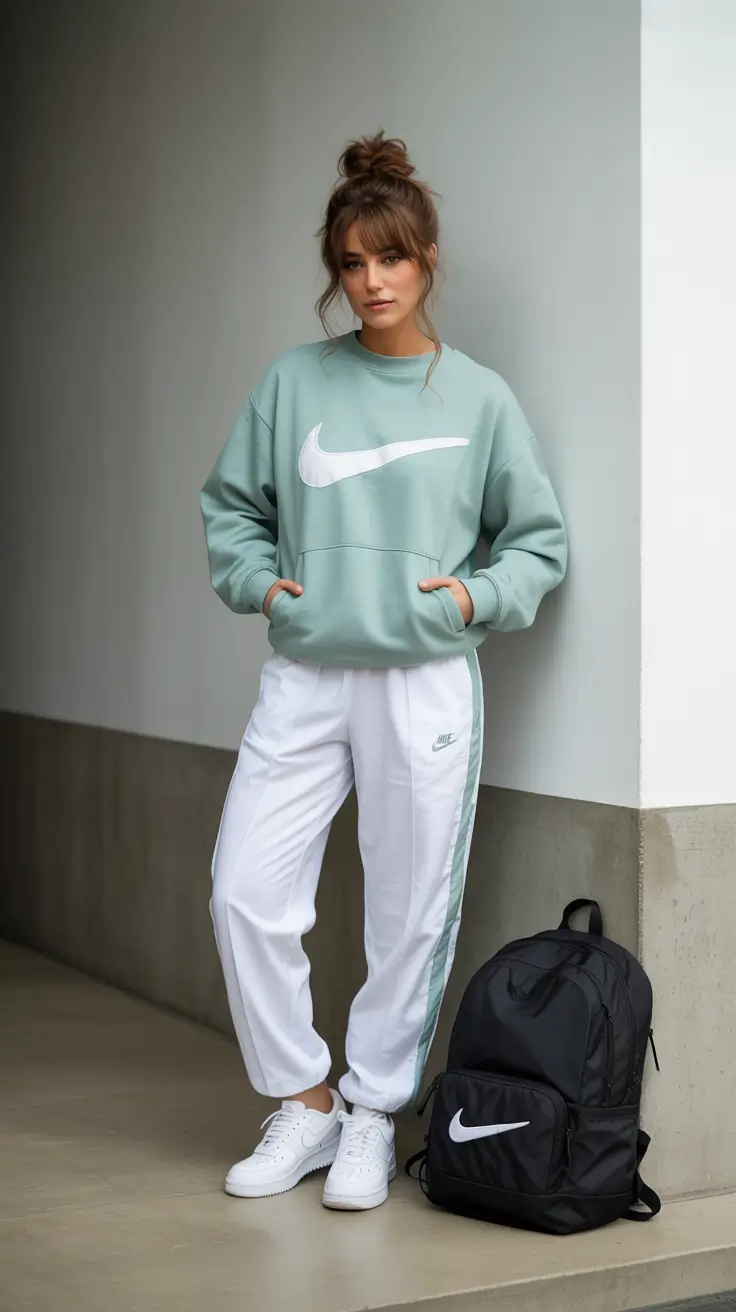 Modest workout outfits for women 2026 - Mint Logo Sweatshirt with Track Pants for Off-Duty Training