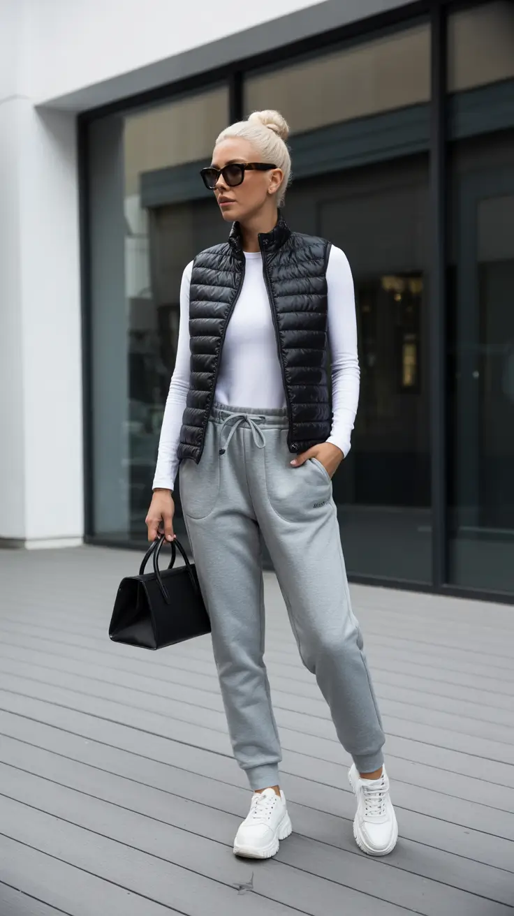 Modest workout outfits for women 2026 - Quilted Vest and Joggers for a Sleek Winter Warm-Up