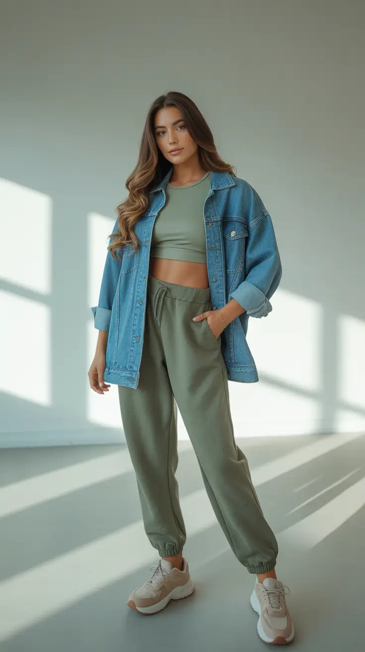 Modest workout outfits for women 2026 - Sage Green Set with Oversized Denim