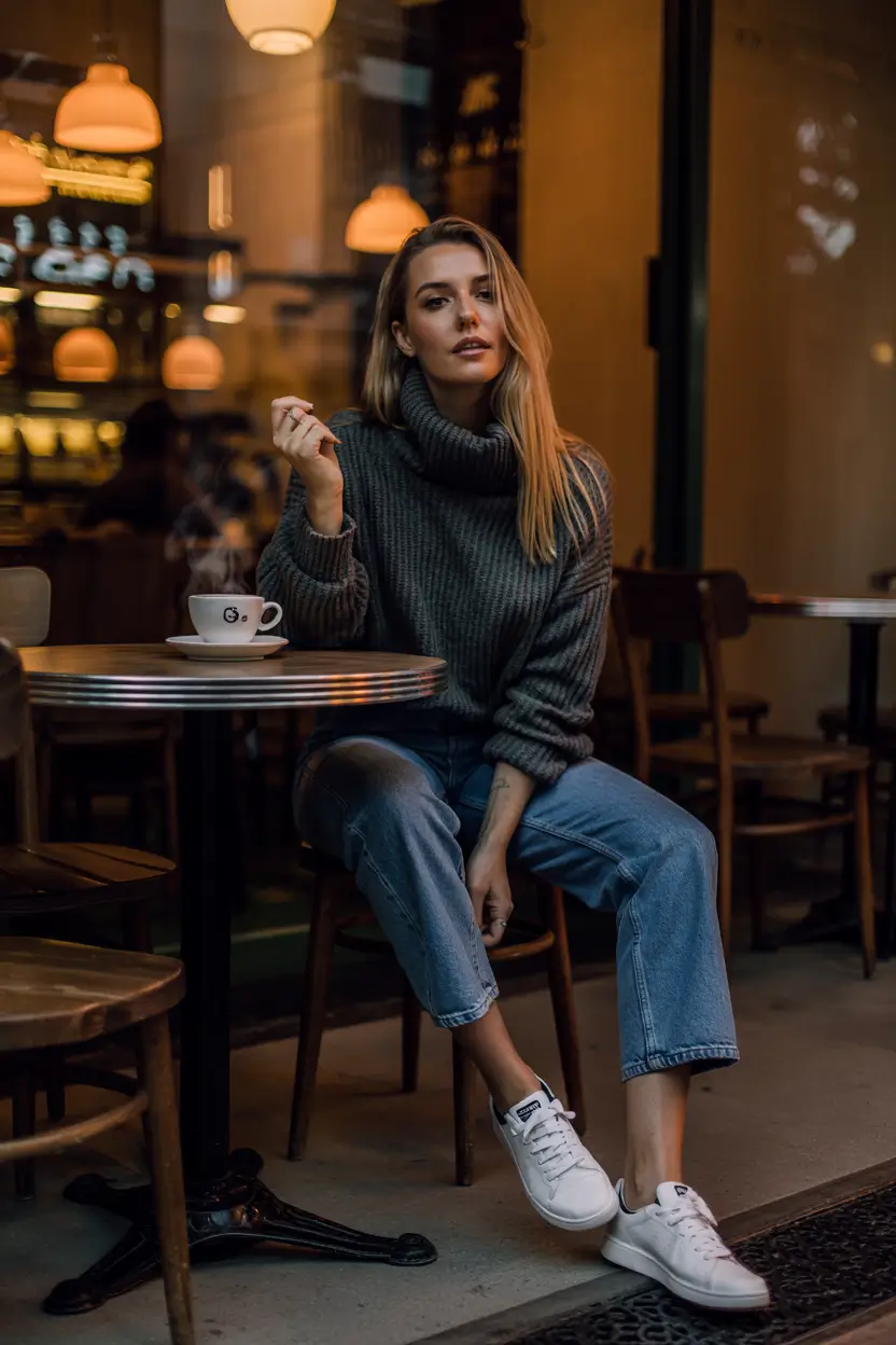 Mom outfit ideas 2026 - City Café Turtleneck + Relaxed Denim