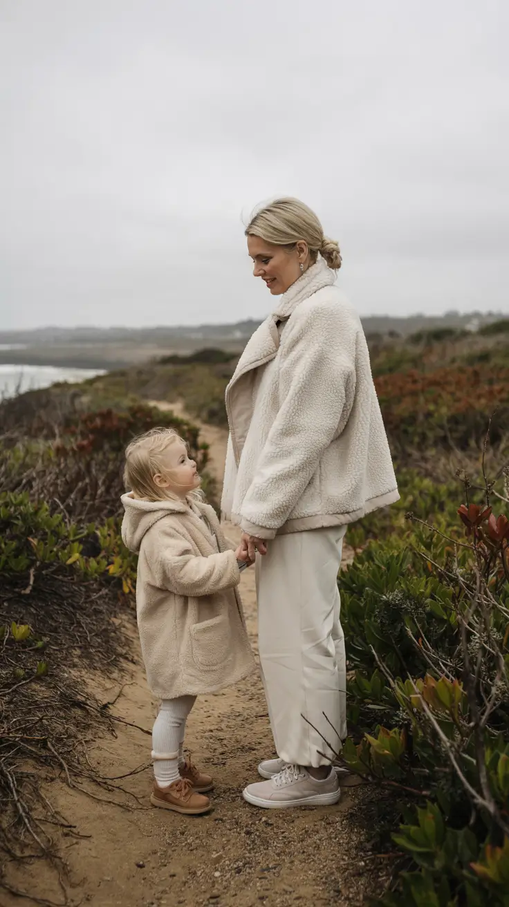 Mom outfit ideas 2026 - Creamy Teddy Textures for Coastal Walks