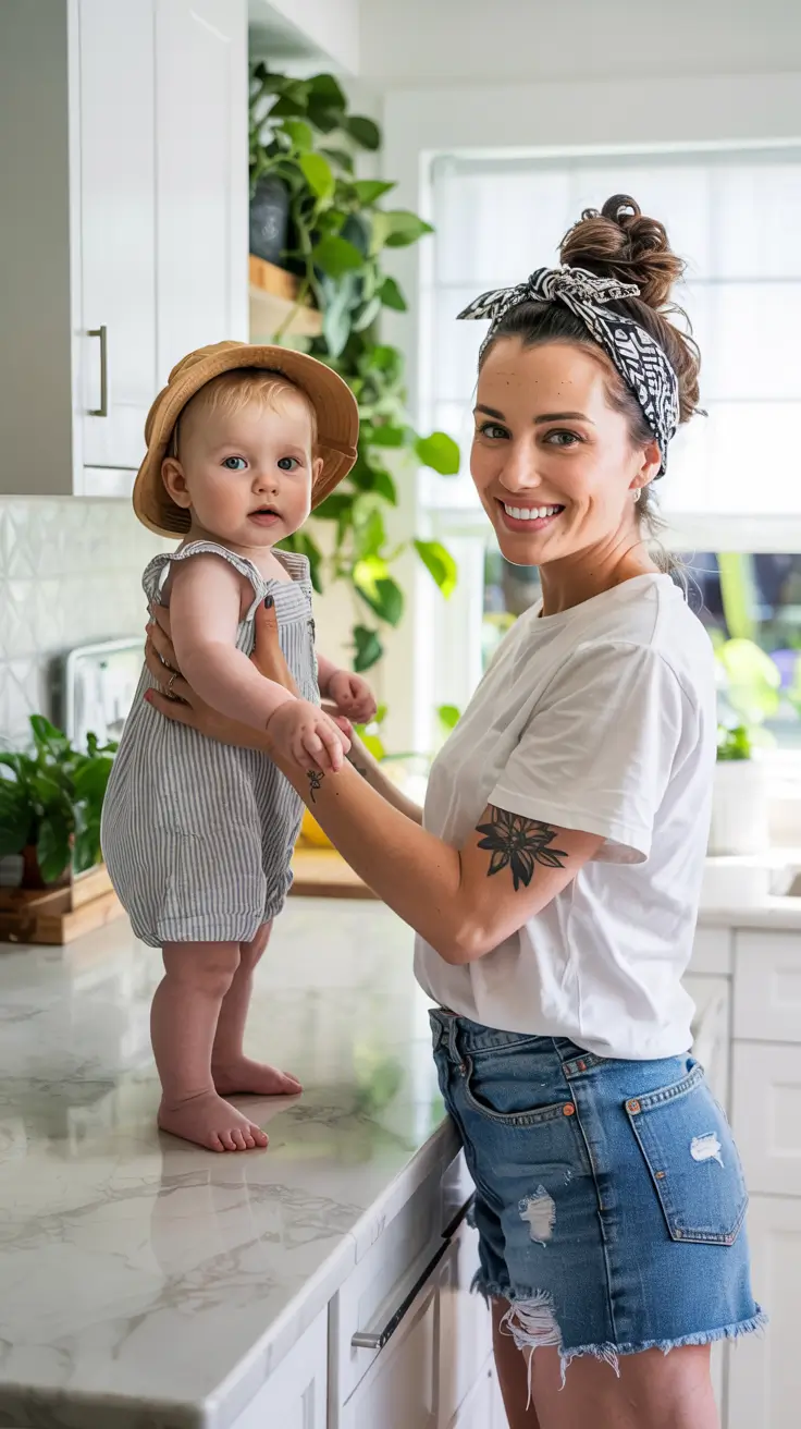 Mom outfit ideas 2026 - Bandana + Denim Shorts for Warm Summer Afternoons