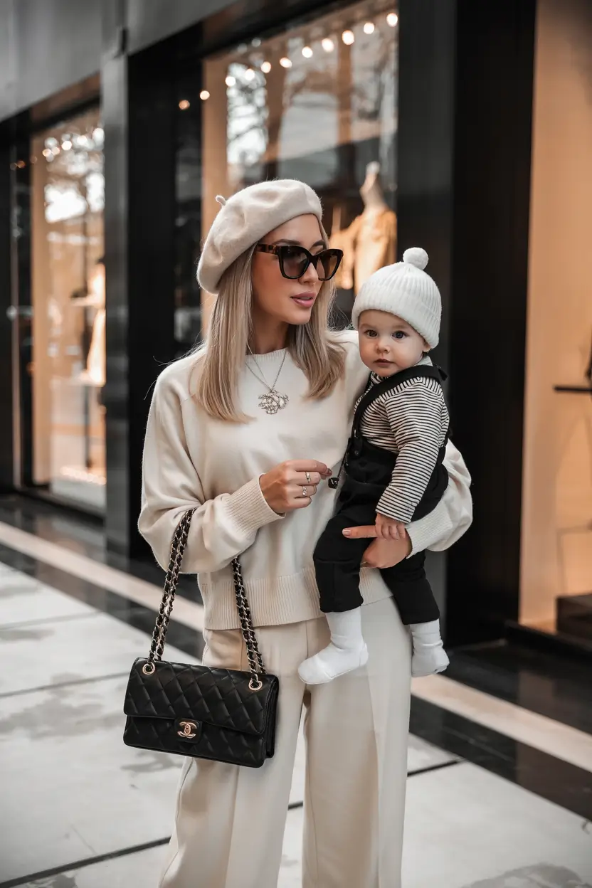 Mom outfit ideas 2026 - Parisian-Inspired Cream Set with Baby in Tow