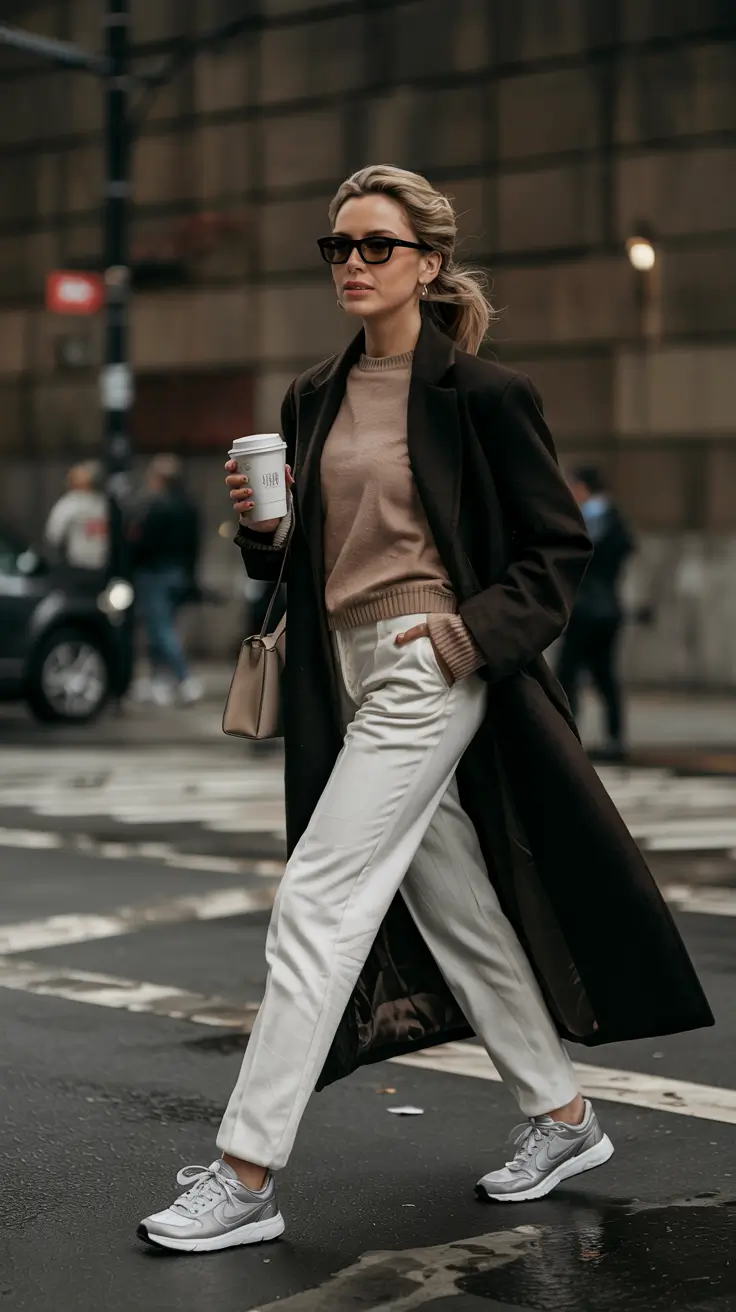 Mom outfit ideas 2026 - Tailored Coat and Sneakers for Street-Smart Days