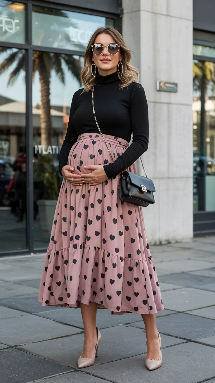 Pregnancy outfit inspiration 2026 Romantic Heart-Print Skirt for Early Autumn Days